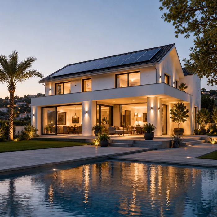 A modern home with a pool
